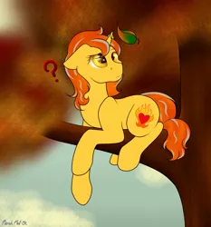 Size: 3280x3516 | Tagged: safe, artist:marsh-mal-oh, derpibooru import, oc, oc:cinderheart, unofficial characters only, pony, unicorn, autumn, female, floppy ears, golden eyes, high res, leaf, mare, question mark, simple background, sitting, solo, tree, tree branch, ych result