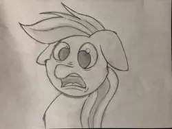 Size: 540x405 | Tagged: artist:nightchaser, derpibooru import, female, floppy ears, rainbow dash, safe, shocked expression, sketch, solo, traditional art