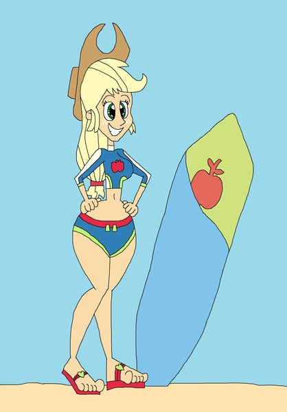 Size: 1897x2721 | Tagged: safe, artist:hunterxcolleen, derpibooru import, applejack, human, equestria girls, beach, belly button, bikini, clothes, feet, humanized, sandals, surfboard, swimsuit