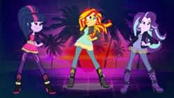 Size: 1904x1078 | Tagged: safe, artist:3d4d, artist:limedazzle, artist:mixiepie, artist:seahawk270, derpibooru import, starlight glimmer, sunset shimmer, twilight sparkle, equestria girls, alternate hairstyle, alternate universe, charlie's angels, clothes, counterparts, crossover, jacket, leather jacket, pants, twilight's counterparts
