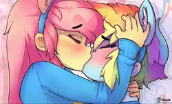 Size: 3520x2143 | Tagged: safe, artist:apony, derpibooru import, fluttershy, rainbow dash, equestria girls, blushing, blushing profusely, clothes, cute, dashabetes, fake ears, female, flutterdash, heart, kissing, lesbian, shipping, shyabetes, sweater, sweatershy, wondercolt ears, wondercolts, wondercolts uniform, zoom layer