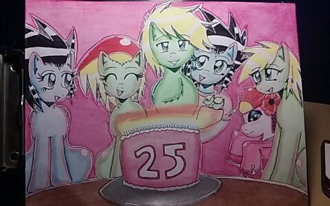 Size: 480x300 | Tagged: artist:haruka takahashi, birthday, candlestick, derpibooru import, oc, oc:haruka takahashi, oc:kenai takahashi, oc:michael, oc:miku takahashi, oc:mina takahashi, oc:miya takahashi, oc:preston takahashi, safe, silk dragon, traditional art