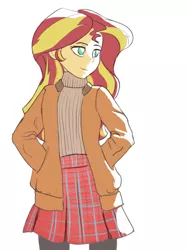 Size: 654x880 | Tagged: safe, artist:raikoh, derpibooru import, sunset shimmer, equestria girls, clothes, coat, cute, female, pantyhose, plaid, plaid skirt, pleated skirt, simple background, skirt, solo, sweater, white background