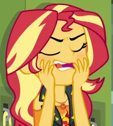 Size: 442x493 | Tagged: safe, derpibooru import, edit, edited edit, edited screencap, screencap, sunset shimmer, driving miss shimmer, equestria girls, equestria girls series, blushing, bueno, cropped, eyes closed, hand, out of context, solo