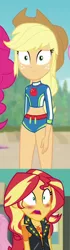 Size: 444x1596 | Tagged: safe, derpibooru import, applejack, sunset shimmer, equestria girls, equestria girls series, forgotten friendship, appleshimmer, belly button, blushing, clothes, female, lesbian, shipping, swimsuit