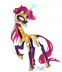 Size: 500x580 | Tagged: safe, artist:creeate97, derpibooru import, tempest shadow, pony, unicorn, my little pony: the movie, armor, badass, blind eye, eye scar, female, glowing horn, helmet, leonine tail, magic, mare, prosthetic horn, prosthetics, raised hoof, royal guard, scar, signature, simple background, solo, tempest becomes a royal guard, tempest gets her horn back, unshorn fetlocks, white background