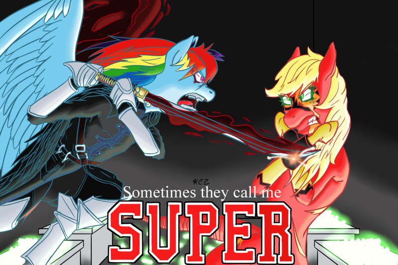 Size: 1024x683 | Tagged: anthro, applejack, artist:korencz11, clothes, costume, derpibooru import, fanfic, fanfic art, fanfic cover, fight, rainbow dash, safe