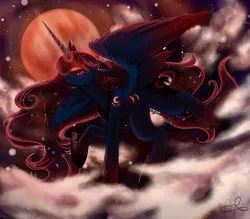 Size: 975x855 | Tagged: safe, artist:scarletsfeed, derpibooru import, princess luna, alicorn, pony, blood moon, cloud, ethereal mane, female, flying, full moon, galaxy mane, mare, moon, night, night sky, sky, solo, stars