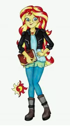 Size: 3455x6164 | Tagged: safe, artist:crystal4heart, derpibooru import, sunset shimmer, equestria girls, clothes, cutie mark, female, geode of empathy, jacket, journal, leather jacket, pants, simple background, solo, traditional art, white background