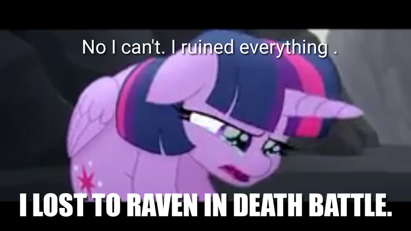 Size: 1280x720 | Tagged: safe, derpibooru import, edit, edited screencap, screencap, twilight sparkle, twilight sparkle (alicorn), alicorn, pony, my little pony: the movie, spoiler:death battle, crying, death battle, death battle drama, death battle!: raven vs twilight sparkle, exploitable meme, female, floppy ears, image, image macro, jpeg, mare, meme, no i can't i ruined everything, raven (teen titans), sad, sitting, solo, spoilers for another series