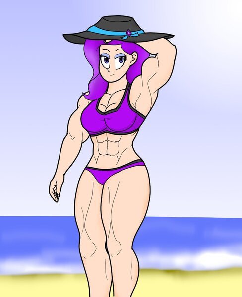 Size: 897x1104 | Tagged: abs, alternate version, arm behind head, armpits, artist:matchstickman, beach, biceps, bikini, breasts, busty rarity, clothes, derpibooru import, female, hat, human, humanized, muscles, rarity, ripped rarity, solo, solo female, suggestive, swimsuit, thunder thighs