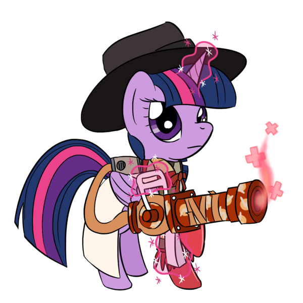 Size: 1280x1280 | Tagged: safe, artist:phat_guy, derpibooru import, twilight sparkle, twilight sparkle (alicorn), alicorn, pony, clothes, coat, crossover, female, glowing horn, hat, lab coat, looking at you, magic, mare, medic, medigun, plus, raised hoof, raised leg, scarf, simple background, solo, standing, team fortress 2, telekinesis, transparent background, twi medic, video game