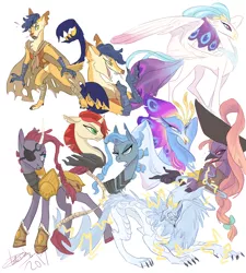 Size: 900x1000 | Tagged: safe, artist:creeate97, derpibooru import, capper dapperpaws, captain celaeno, queen novo, storm king, tempest shadow, anthro, classical hippogriff, digitigrade anthro, hippogriff, pony, storm creature, unicorn, my little pony: the movie, the art of my little pony: the movie, anthro with ponies, armor, bow, broken horn, concept art, eyepatch, female, four eyes, hat, lightning, madame harpy, male, mare, mendax, pirate hat, scorpion tail, simple background, tail wrap, three eyes, white background