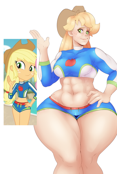 Size: 1313x1952 | Tagged: safe, artist:sundown, derpibooru import, applejack, human, equestria girls, equestria girls series, forgotten friendship, abs, applebucking thighs, applejacked, clothes, colored, hand on hip, humanized, impossibly wide hips, jacqueline applebuck, midriff, muscles, scene interpretation, smiling, solo, swimsuit, thunder thighs, wet suit, wide hips