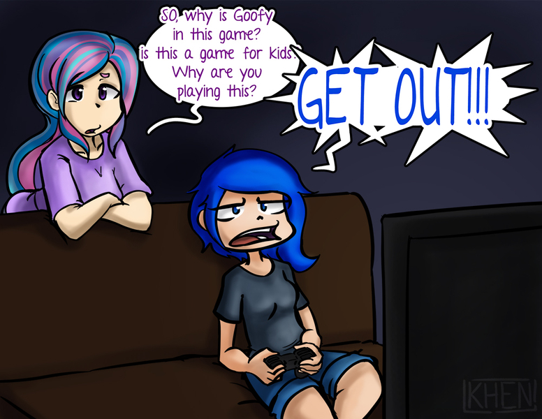 Size: 1002x775 | Tagged: artist:kprovido, colored text, confused, controller, dark background, derpibooru import, gamer luna, human, humanized, kingdom hearts, luna is not amused, princess celestia, princess luna, safe, television, unamused, yelling