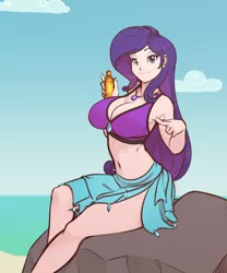 Size: 1584x1900 | Tagged: suggestive, artist:scorpdk, derpibooru import, rarity, human, equestria girls, equestria girls series, forgotten friendship, belly button, big breasts, bikini, bikini babe, bikini top, breasts, busty rarity, clothes, female, geode of shielding, humanized, looking at you, midriff, necklace, sarong, sexy, smiling, solo, solo female, stupid sexy rarity, suntan lotion, swimsuit