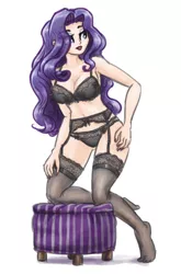 Size: 700x1058 | Tagged: artist:king-kakapo, beautiful, belly button, black underwear, bra, breasts, cleavage, clothes, derpibooru import, female, frilly underwear, garter belt, garters, human, humanized, lingerarity, lingerie, nail polish, panties, rarity, ribbon, sexy, solo, solo female, stocking feet, stockings, stupid sexy rarity, suggestive, thigh highs, underwear