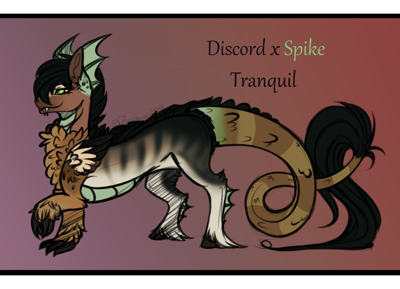 Size: 2104x1524 | Tagged: artist:pseishiyo, derpibooru import, draconequus, draconequus oc, hybrid, interspecies offspring, magical gay spawn, oc, oc:tranquil, offspring, parent:discord, parents:dispike, parent:spike, safe, solo