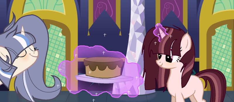 Size: 1624x712 | Tagged: safe, artist:xxcutecookieswirlsxx, derpibooru import, oc, oc:fraze teasparkle, oc:silver swirls, unofficial characters only, pony, unicorn, cake, female, food, mare, offspring, offspring's offspring, parent:oc:galaxy swirls, parent:oc:starlee de lys, parents:oc x oc