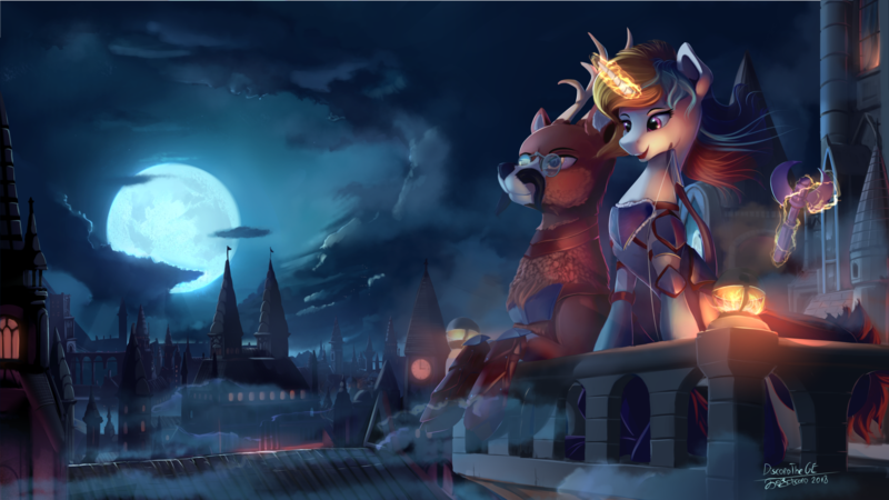 Size: 1920x1080 | Tagged: safe, artist:discordthege, derpibooru import, oc, oc:pathfindercs, oc:sunset rose, unofficial characters only, deer, pony, unicorn, armor, bow, clothes, cloud, female, glasses, magic, mare, moon