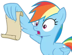 Size: 6394x4854 | Tagged: safe, artist:hendro107, derpibooru import, rainbow dash, pegasus, pony, grannies gone wild, spoiler:s08, .svg available, absurd resolution, female, holding, mare, open mouth, rainbow dash reading a scroll, simple background, solo, transparent background, vector, wing hands