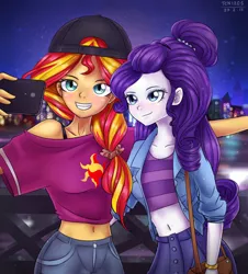 Size: 1400x1550 | Tagged: safe, artist:tcn1205, derpibooru import, rarity, sunset shimmer, human, equestria girls, alternate hairstyle, belly button, clothes, duo, grin, hat, humanized, midriff, mobile phone, night, off shoulder, phone, pony coloring, purse, selfie, shirt, short shirt, smiling, starry night, stars