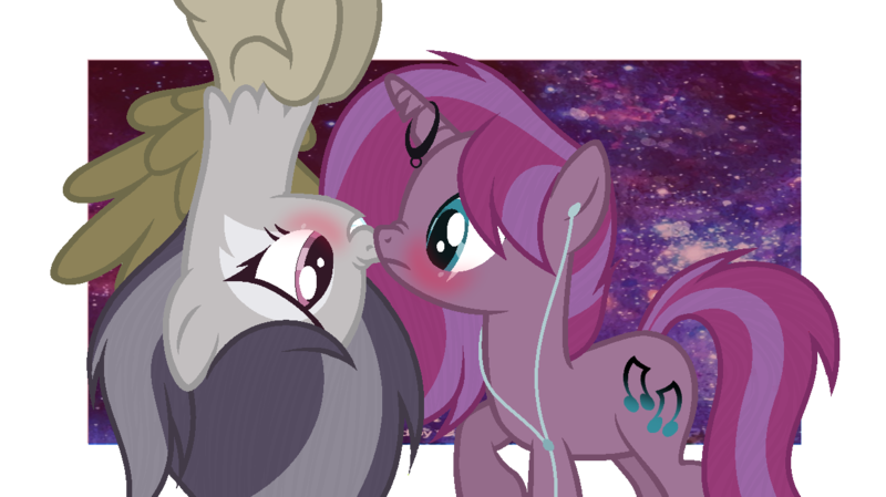 Size: 1268x712 | Tagged: safe, artist:marielle5breda, derpibooru import, oc, oc:dubstep, oc:music strings, unofficial characters only, hippogriff, pony, unicorn, boop, female, interspecies offspring, magical lesbian spawn, mare, noseboop, offspring, parent:gilda, parent:octavia melody, parent:tempest shadow, parent:vinyl scratch, parents:giltavia