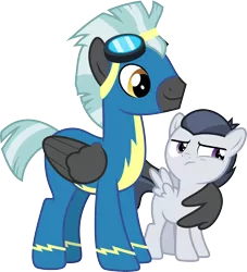 Size: 5458x6000 | Tagged: safe, artist:chainchomp2, derpibooru import, rumble, thunderlane, pegasus, pony, marks and recreation, .svg available, absurd resolution, alternate versions at source, brothers, clothes, colt, goggles, hug, male, simple background, stallion, transparent background, uniform, vector, wing hands, winghug, wonderbolts uniform