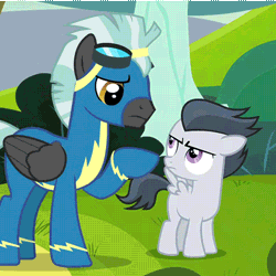 Size: 480x480 | Tagged: safe, derpibooru import, screencap, rumble, thunderlane, pegasus, pony, marks and recreation, animated, brothers, clothes, colt, duo, gif, goggles, hug, male, stallion, uniform, wing hands, winghug, wonderbolts uniform