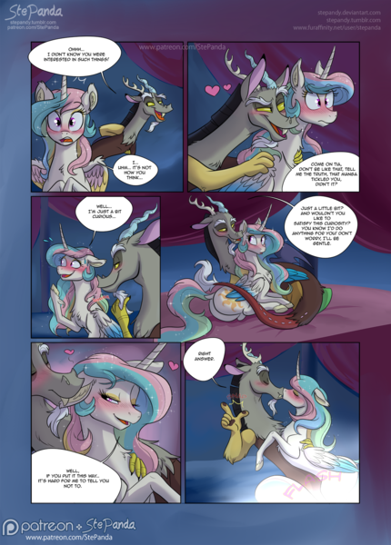 Size: 1200x1675 | Tagged: questionable, artist:stepandy, derpibooru import, discord, princess celestia, alicorn, draconequus, pony, comic:double cuddles, blushing, comic, dialogue, dislestia, female, image, kissing, male, mare, patreon, png, shipping, smiling, speech bubble, straight