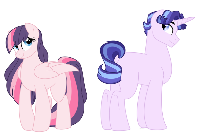 Size: 1500x1000 | Tagged: safe, artist:faith-wolff, derpibooru import, oc, unofficial characters only, pegasus, pony, unicorn, commission, duo, female, magical lesbian spawn, male, mare, offspring, parent:fluttershy, parent:rarity, parent:starlight glimmer, parent:twilight sparkle, parents:twishy, simple background, stallion, white background