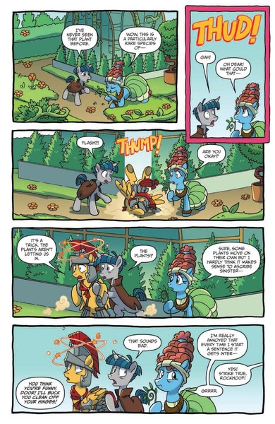 Size: 900x1384 | Tagged: safe, artist:tonyfleecs, derpibooru import, idw, flash magnus, meadowbrook, stygian, earth pony, pegasus, pony, unicorn, legends of magic, spoiler:comic, spoiler:comiclom11, greenhouse, interrupted, preview