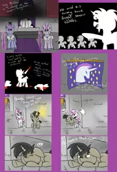 Size: 2004x2946 | Tagged: semi-grimdark, artist:slushnstuff, derpibooru import, clover the clever, discord, princess platinum, oc, oc:king bullion, unicorn, ask-clover-the-clever, bag, blood, comic, high res, pony discord, younger