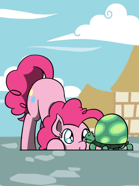 Size: 1350x1800 | Tagged: safe, artist:flutterluv, derpibooru import, pinkie pie, tank, earth pony, pony, tortoise, behaving like a dog, cute, diapinkes, female, looking at each other, mare, ponified animal photo, ponyville, smiling