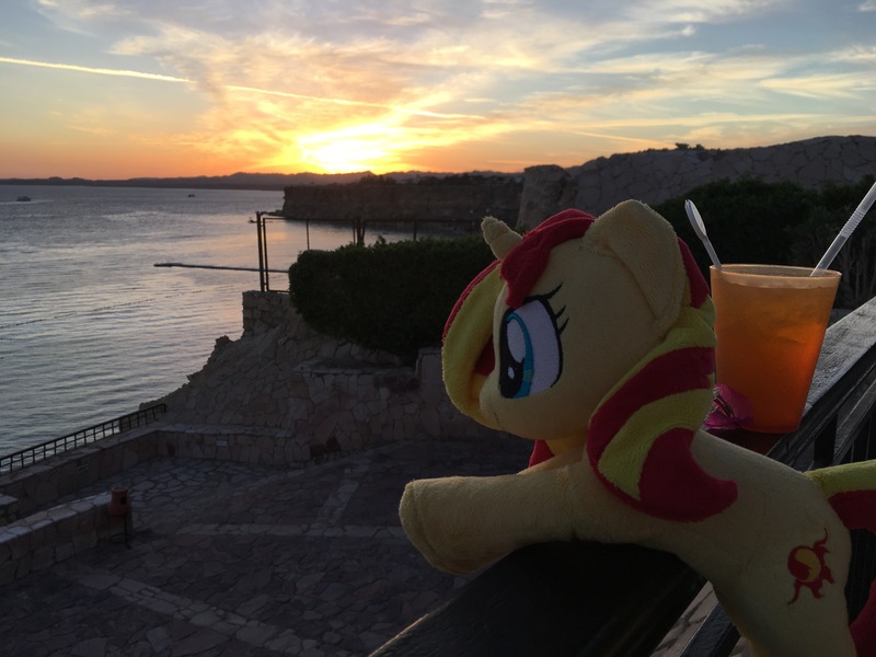 Size: 4032x3024 | Tagged: safe, artist:epicrainbowcrafts, derpibooru import, sunset shimmer, unicorn, drink, glass, irl, ocean, photo, plushie, pun, sunset, sunshine shimmer, visual pun