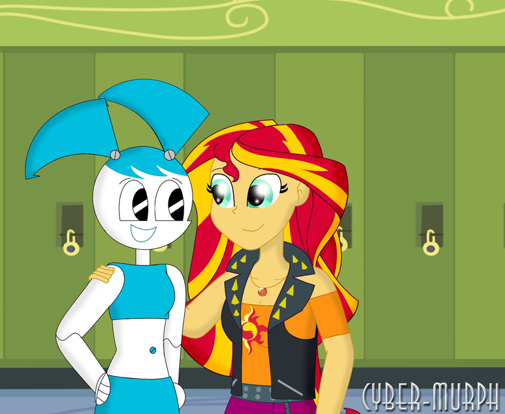 Size: 2479x2032 | Tagged: safe, artist:cyber-murph, derpibooru import, sunset shimmer, robot, equestria girls, bare shoulders, canterlot high, clothes, crossover, geode of empathy, hallway, hand on shoulder, hands on hip, jenny wakeman, lockers, midriff, my life as a teenage robot, signature