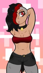 Size: 533x914 | Tagged: arm behind head, armpits, artist:lazerblues, collar, derpibooru import, ear piercing, jorts, nose piercing, oc, oc:bella, parent:oc:miss eri, piercing, safe, satyr, undercut, unofficial characters only