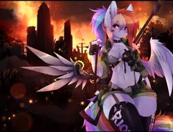 Size: 2000x1527 | Tagged: alternate hairstyle, alternate timeline, amputee, anthro, apocalypse dash, artist:teranen, augmented, breasts, burning, city, cityscape, cleavage, clockwork, clothes, crystal war timeline, derpibooru import, female, fingerless gloves, fire, gas mask, gears, gloves, gun, impossibly large thighs, looking at you, mare, mask, multicolored hair, pegasus, ponytail, prostetic wing, prosthetic limb, prosthetics, prosthetic wing, rainbow dash, rifle, sexy, shorts, solo, stupid sexy rainbow dash, suggestive, thunder thighs, weapon