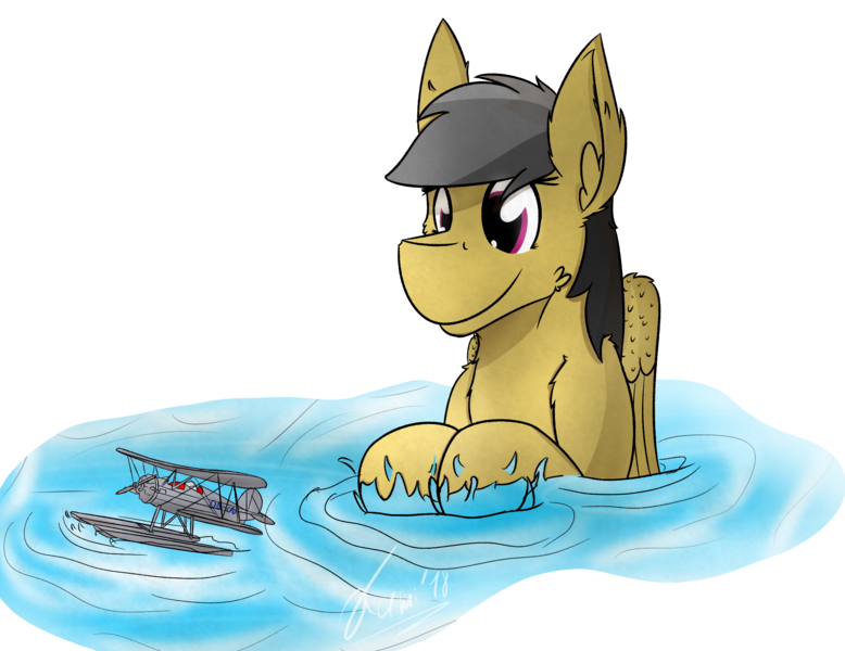 Size: 2360x1820 | Tagged: artist:kamithepony, bathing, daring do, derpibooru import, happy, plane, safe, simple background, solo, splash, splashing, toy, toy plane, transparent background, water