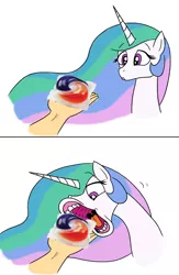 Size: 1490x2284 | Tagged: semi-grimdark, artist:banebuster, derpibooru import, edit, princess celestia, alicorn, pony, comic, disembodied hand, eating, female, flehmen response, hand, hoers, horses doing horse things, majestic as fuck, mare, meme, open mouth, simple background, solo, this will end in tears and/or death, this will not end well, tide pods, too dumb to live, wat, white background