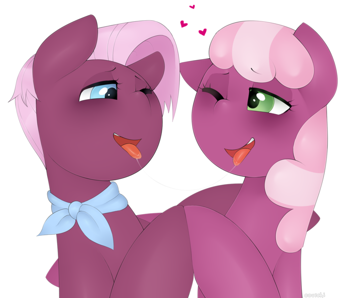 Size: 1500x1254 | Tagged: suggestive, artist:oouichi, derpibooru import, cheerilee, jasmine leaf, earth pony, pony, cheerileaf, clothes, drool, drool string, female, heart, holding hooves, kissing, lesbian, making out, one eye closed, smiling, tongue out, transparent background