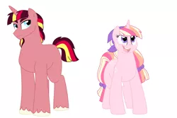 Size: 1500x1000 | Tagged: safe, artist:faith-wolff, derpibooru import, oc, unofficial characters only, unicorn, bandana, commission, duo, female, hair tie, half-siblings, magical lesbian spawn, male, mare, offspring, parent:applejack, parent:sunset shimmer, parent:twilight sparkle, parents:sunsetsparkle, parents:twijack, simple background, stallion, white background