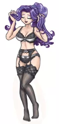 Size: 608x1280 | Tagged: artist:king-kakapo, beautiful, black underwear, bra, breasts, busty rarity, cleavage, clothes, derpibooru import, eyes closed, eyeshadow, female, frilly underwear, garter belt, human, humanized, lace, lingerarity, lingerie, lipstick, makeup, nail polish, panties, rarity, ribbon, sexy, simple background, smiling, solo, solo female, stocking feet, stockings, stupid sexy rarity, suggestive, thigh highs, underwear, white background