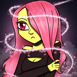 Size: 1920x1920 | Tagged: safe, artist:mlp-firefox5013, derpibooru import, fluttershy, equestria girls, chains, clothes, female, flutterbat, red eyes, solo