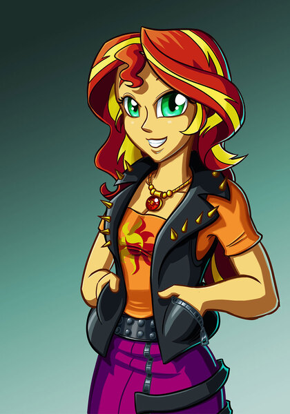 Size: 882x1260 | Tagged: safe, artist:sanity-x, derpibooru import, sunset shimmer, equestria girls, equestria girls series, forgotten friendship, clothes, female, gradient background, smiling, solo, spikes