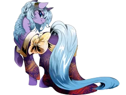 Size: 2689x2025 | Tagged: safe, artist:dormin-kanna, derpibooru import, oc, oc:loopina, pony, unicorn, clothes, dress, female, horn, kimono (clothing), looking back, mare, raised hoof, simple background, solo, transparent background, underhoof, unicorn oc