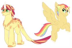 Size: 1500x1000 | Tagged: safe, artist:faith-wolff, derpibooru import, oc, unofficial characters only, dracony, hybrid, pegasus, pony, commission, duo, female, flying, interspecies offspring, magical lesbian spawn, male, offspring, parent:applejack, parent:rainbow dash, parent:spike, parent:sunset shimmer, parents:appledash, parents:sunsetspike, rainbow hair, scales, simple background, stallion, unshorn fetlocks, white background