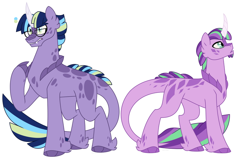 Size: 1500x1000 | Tagged: safe, artist:faith-wolff, derpibooru import, oc, unofficial characters only, dracony, hybrid, pony, commission, duo, glasses, half-siblings, interspecies offspring, male, offspring, parent:spike, parent:starlight glimmer, parent:twilight sparkle, parents:sparlight, parents:twispike, raised hoof, scales, simple background, stallion, unshorn fetlocks, white background