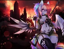 Size: 1024x782 | Tagged: alternate hairstyle, alternate timeline, amputee, anthro, apocalypse dash, artificial wings, artist:teranen, augmented, body painting, breasts, burning, city, cityscape, cleavage, clockwork, clothes, crystal war timeline, derpibooru import, female, fingerless gloves, fire, gas mask, gears, gloves, gun, impossibly large thighs, looking at you, mare, mask, multicolored hair, pegasus, ponytail, prostetic wing, prosthetic limb, prosthetics, prosthetic wing, rainbow dash, rifle, sexy, shorts, solo, solo female, stupid sexy rainbow dash, suggestive, thighs, thunder thighs, weapon, wings