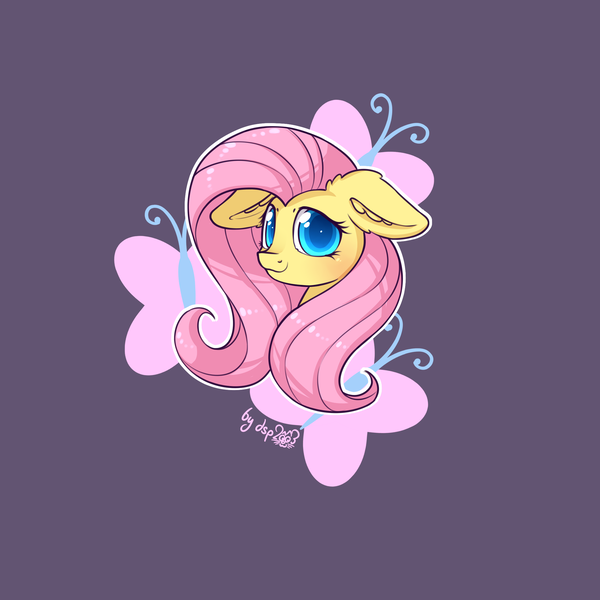 Size: 2300x2300 | Tagged: safe, artist:dsp2003, derpibooru import, part of a set, fluttershy, pegasus, pony, blushing, bust, cute, cutie mark background, ear fluff, female, floppy ears, looking at you, mare, purple background, shyabetes, signature, simple background, white outline